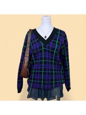 90s purple green plaid grunge academia twee sweater
